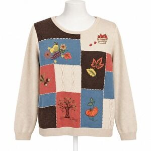 Vintage Fall Leaf 3D Embroidered Patchwork Sweater Size L Cottagecore Pumpkin